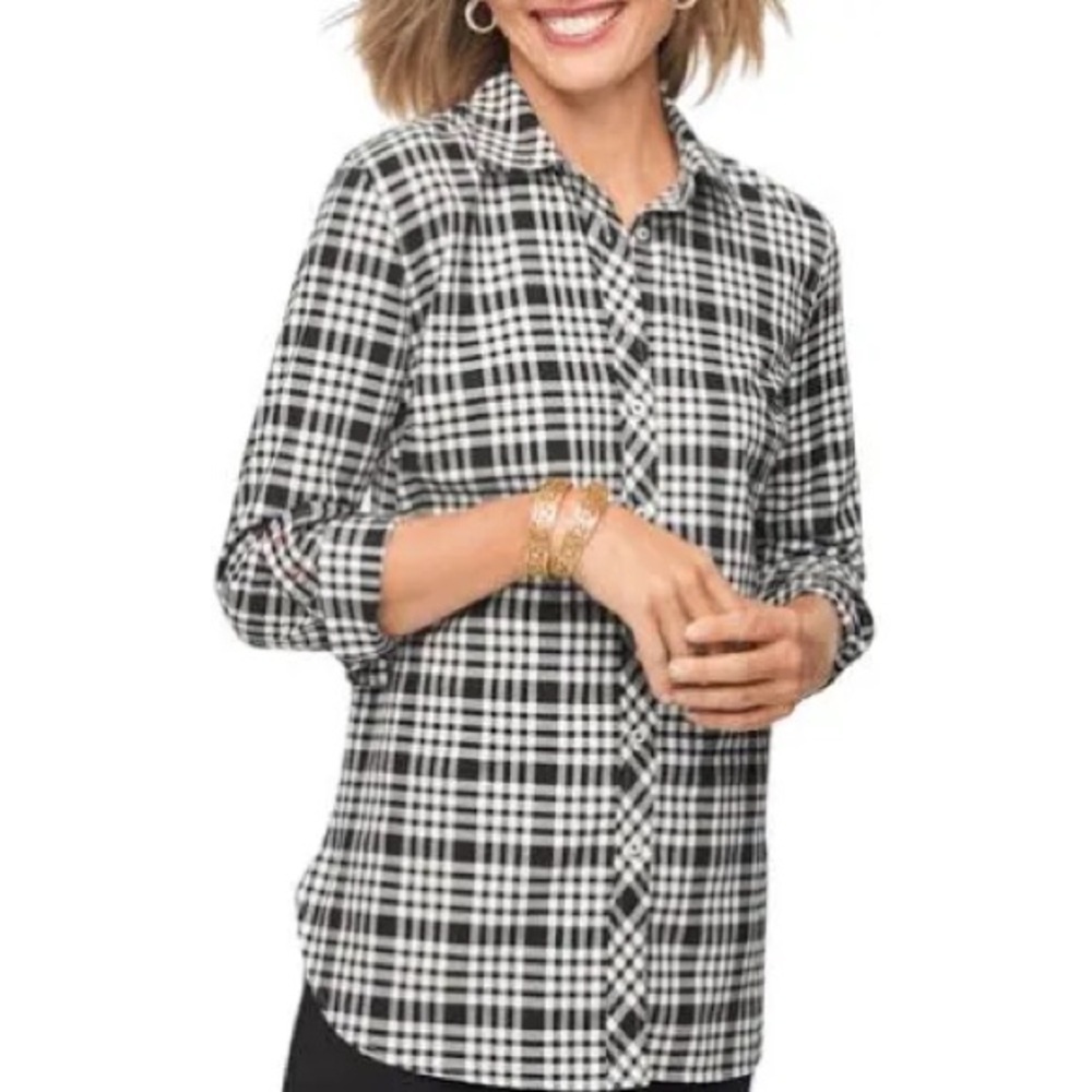 Talbots Shirt Womens Small Black White Plaid Button Front Long Sleeve Cotton